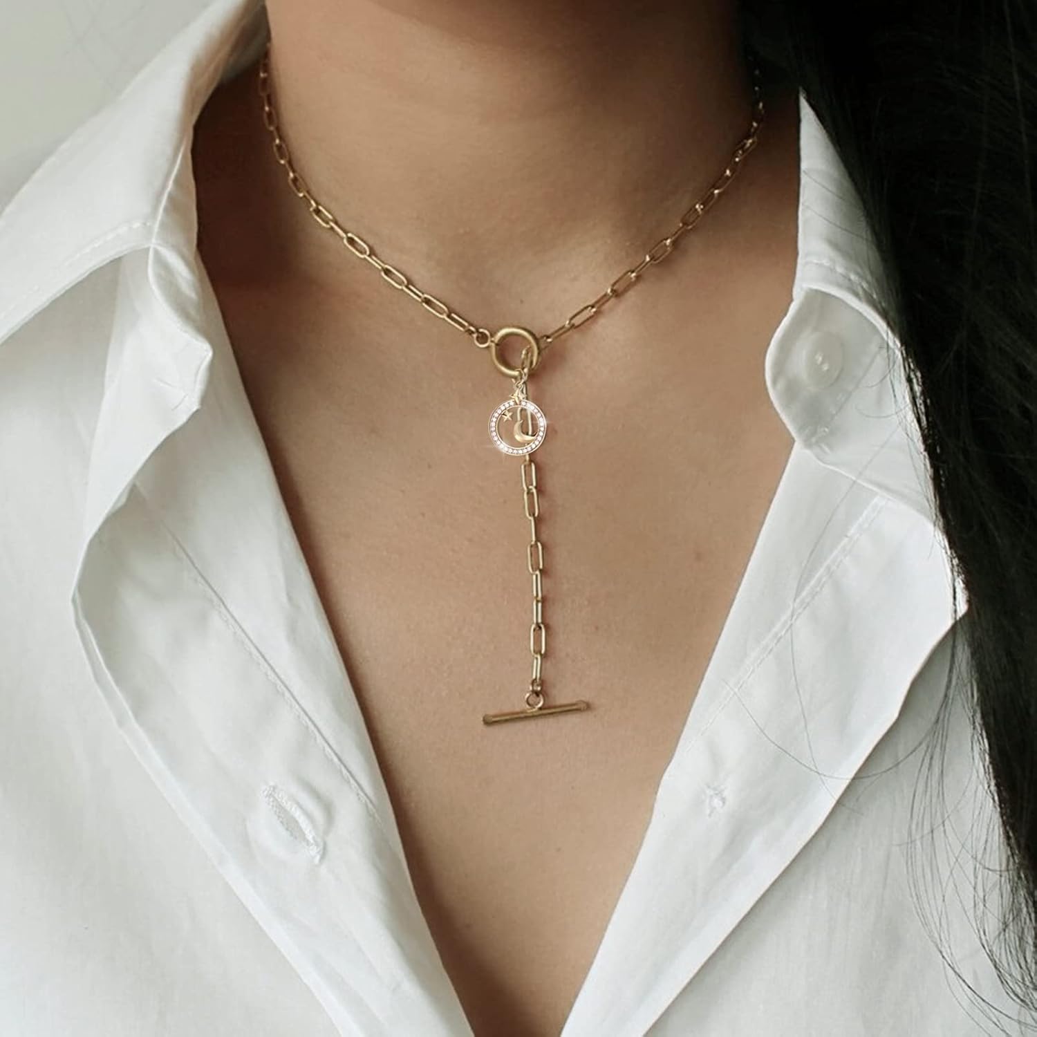 DoreenBeads 18K Gold Sun Moon Star Compass Pendant Necklace Chunky Toggle Paperclip Chain Necklace with Heart Daisy Bee Charms for Women Girls 20 Inches - Image 3