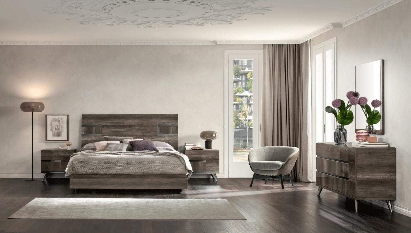 Vintage Oak Gloss Finish King Bedroom Set 5 Pcs Made in Italy Soflex Medea