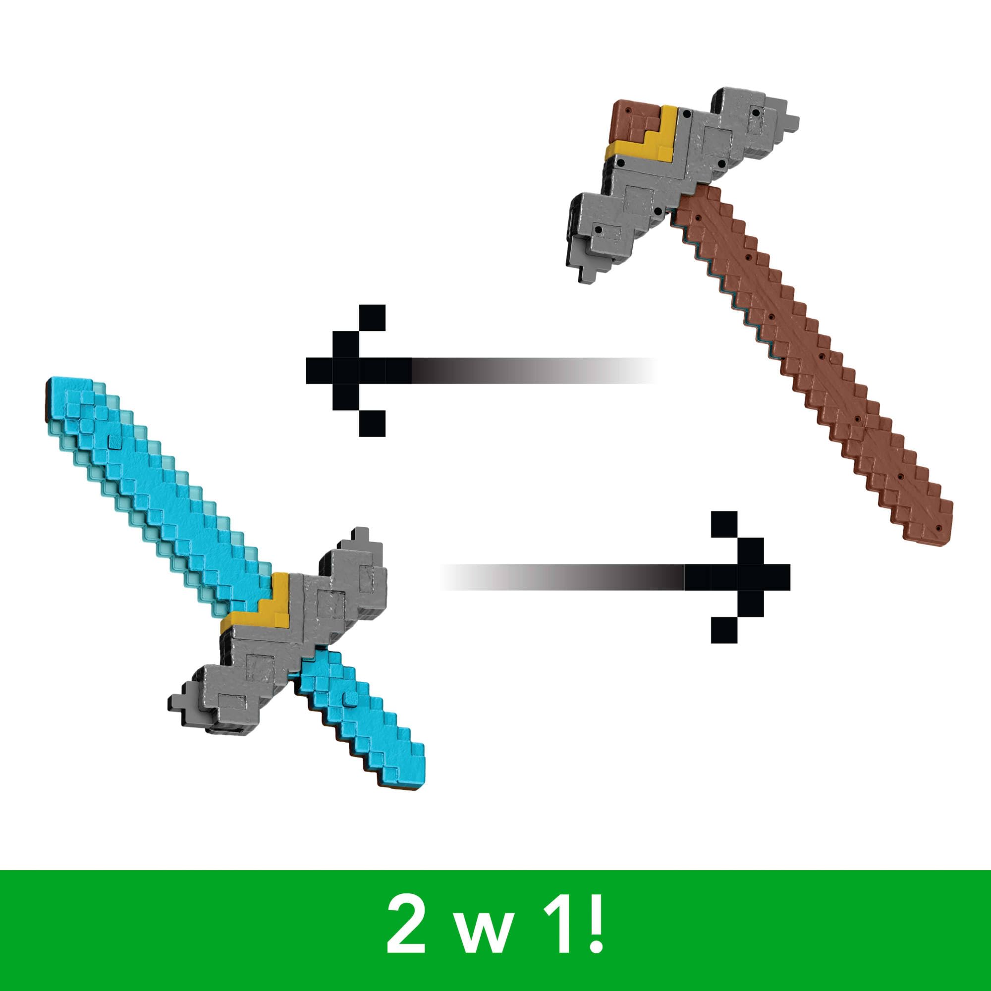 Mattel Minecraft Movie Miecz i kilof 2 w 1 Szybka transformacja Zabawka Role Play, akcesorium do zabawy ze zmianą aktywowaną przyciskiem, zabawka inspirowana filmem „Minecraft: Film”, JFR72