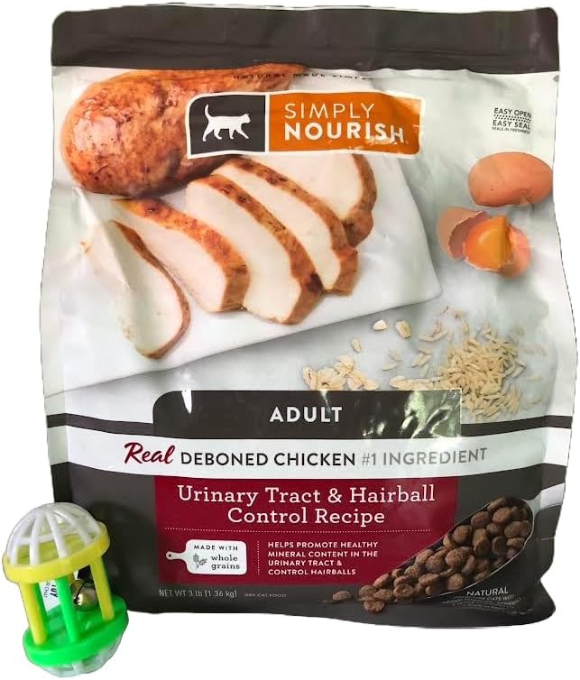 Simply Nourish Adult Cat Food, Deboned Chicken Urinary Tract & Hairball Control Recipe, 3 Pound (1.36 kg) Bag Plus Cat Toy