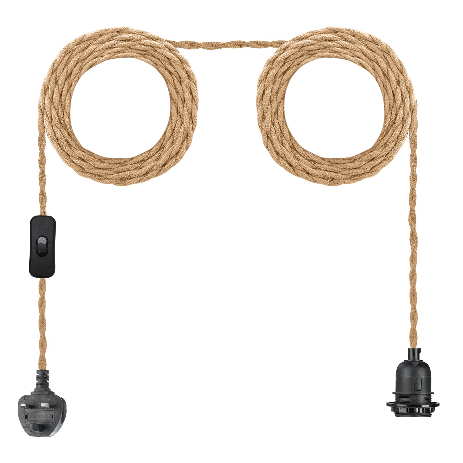 Plug-in Cable Pendant Light (Natural Brown+Hemp Rope+ON/Off Switch)