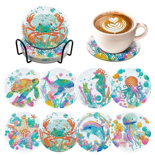Image of ZTOTZ 8pcs Ocean Series Diamond Art Coasters Kit, Sea Animals Diamond Painting Coasters with Cork Pad, DIY Coaster Gem Art Kits for Adults Craft for Gift Festival (Turtles, Octopuses,Dolphins)