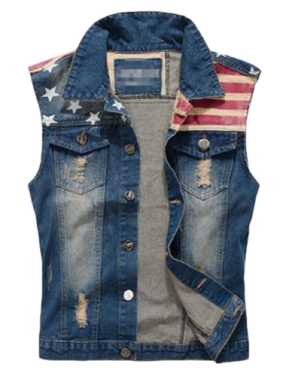 Z.TianciMens Flag Print Denim Vest Jacket Sleeveless Ripped Hole Jeans Vest