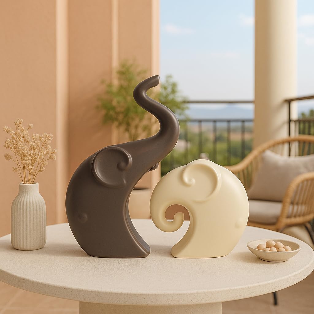 LADROX Lavish Matte Home Décor Elephant Set | Ceramic Figurines - (Set of 2 Piece, Brown Cream) 1