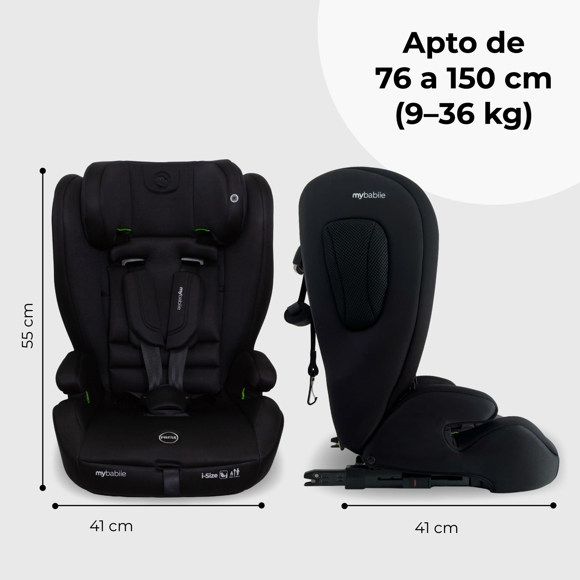 Silla de coche infantil My Babiie MBCS75 i-Size R129 con ISOFIX y Top Tether – de bebé a elevador, arnés ajustable, 76-150 cm (aprox. 9-36 kg / 15 meses a 12 años), grupo 1/2/3, negro
