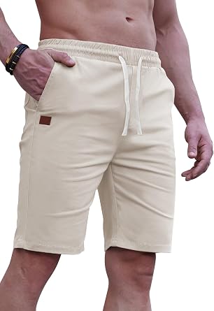 HUNGSON Mens Cargo Shorts Drawstring Classic Chino Stretch 9" Inseam Short with 3 PocketsBeige,38