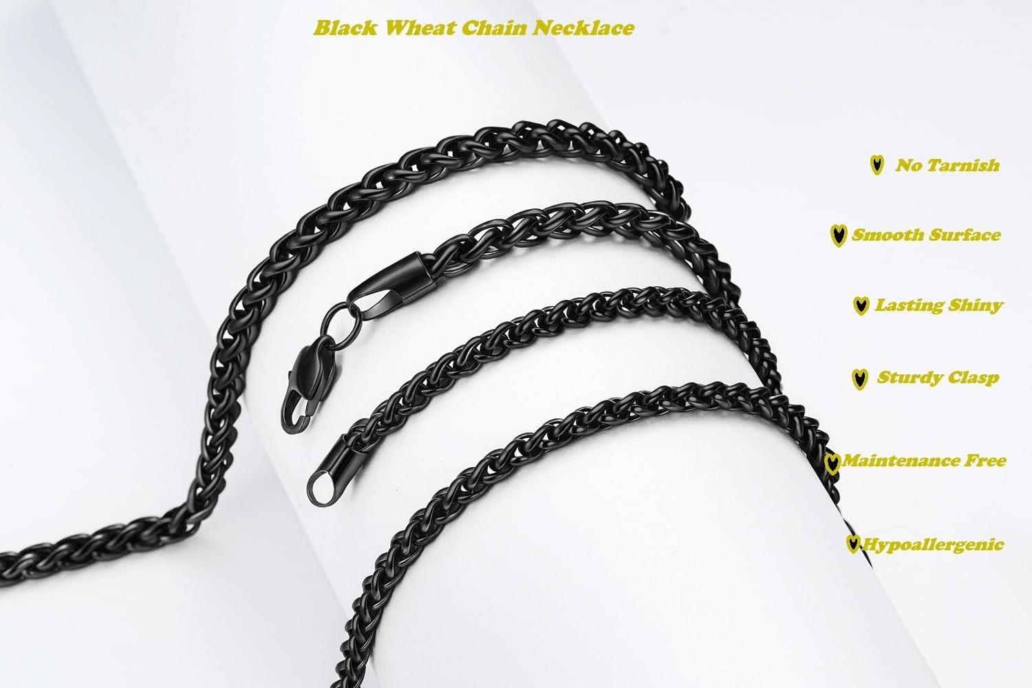 Black Stainless Steel Wheat Chain Necklace for Men and Women, 2.5mm/3mm/4mm/5mm Mens Chains, 18-30 Inches - Image 4