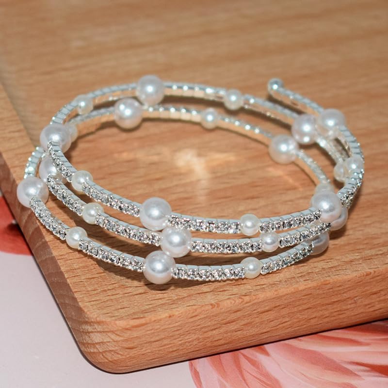 DATOA Sparkling Pearl Rhinestone Multi Layered Stretch Wrap Pearl Bracelet Shiny Vintage Strand Layered Bracelet Gift for Women Brides Wedding - Image 3
