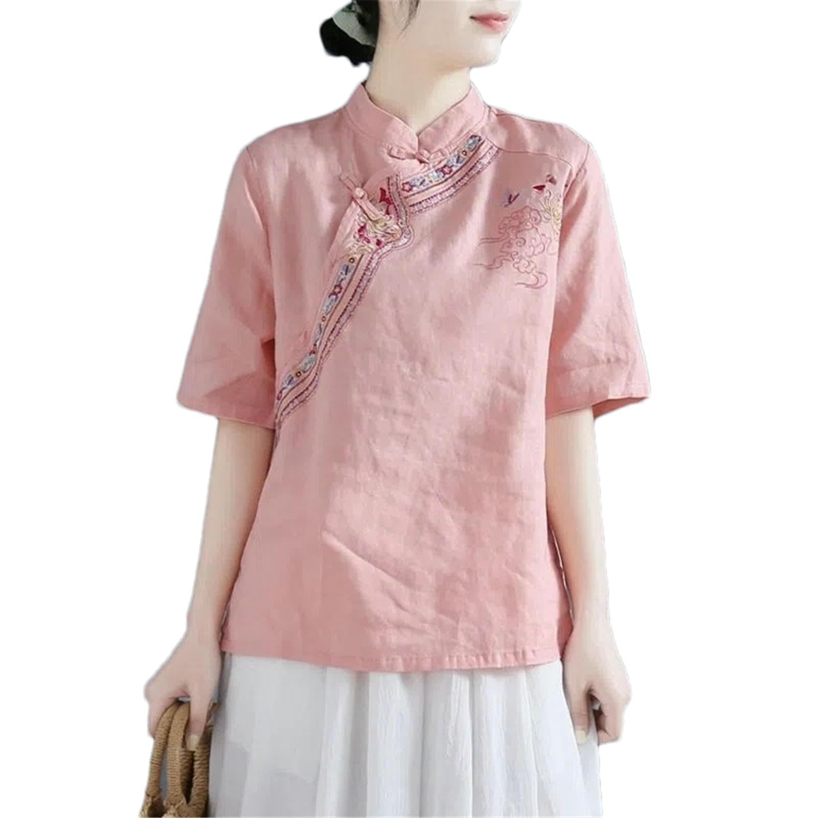 Stile cinese Pulsante ricamato Camicia estiva in cotone a maniche corte Top donna allentato cotone e lino camicetta retrò