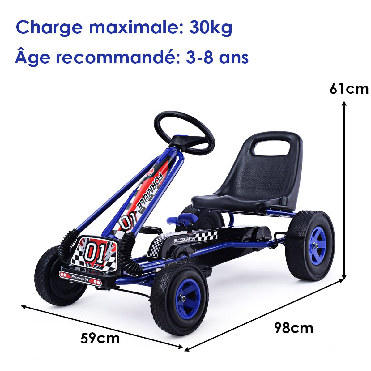 COSTWAY Kart à Pédale Enfant avec Siège Réglable & Freins à Main, Vélo d’Enfant avec 4 Roues en EVA, Charge 30kg pour Enfants de 3-8 Ans, 98x59x61 cm