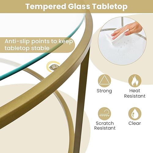 Miniatura 5 de Giantex Mesa de centro redonda de 36 pulgadas de D, moderna mesa de centro con mesa de vidrio templado, marco de metal y almohadillas ajustables