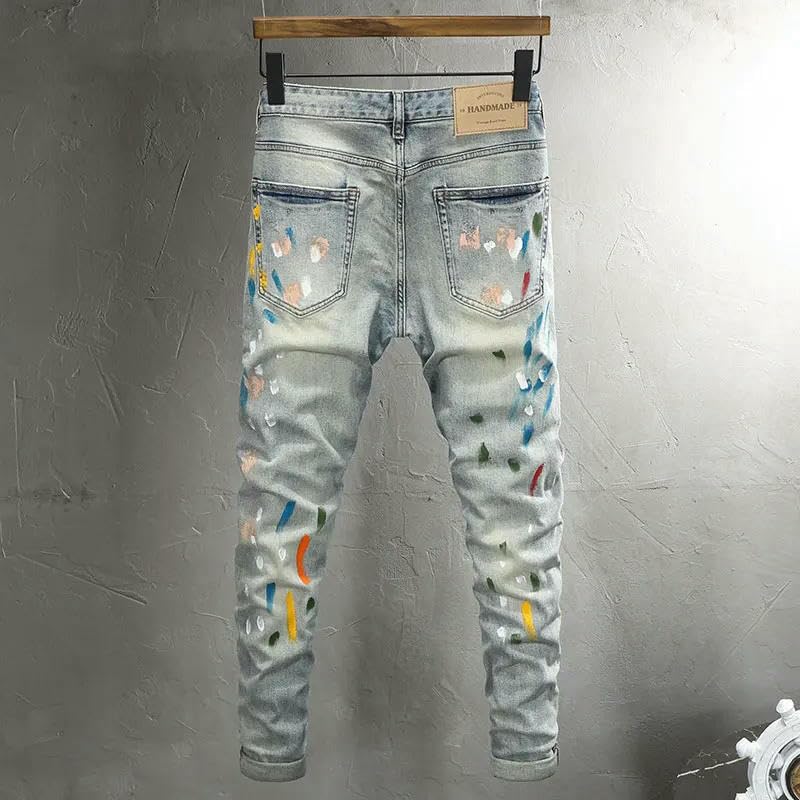 Men Jeans Washed Blue Hand-Painted Graffiti Elastic Stretch Slim Fit Ripped Painted Jeans Mens Hip Hop Denim Pants2