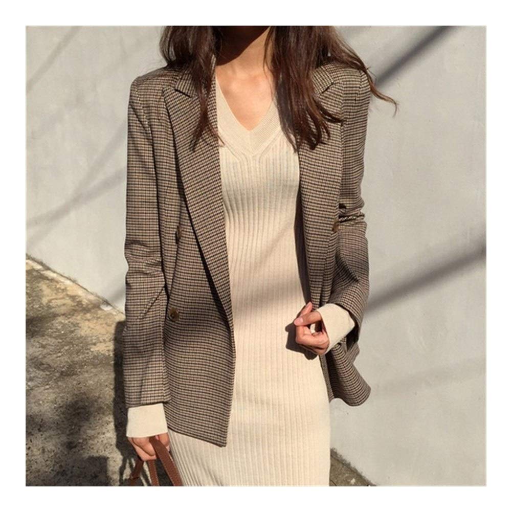 Doble Oficina de pecho señoras de la tela escocesa de la chaqueta de manga larga suelta capa del juego de la chaqueta de las mujeres Blazers Mujer