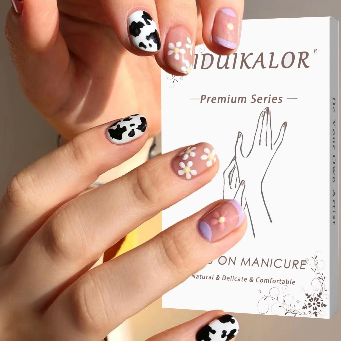 Photo 1 of 4 PACK DIDUIKALOR French Tip Press on Nails Short with Designs, Cow Print Fake Nails Coffin with Glue, Cute Purple Flower Acrylic Glue on Nails for Women, 24PCs Full Cover Nails Tips for Girls LF1499