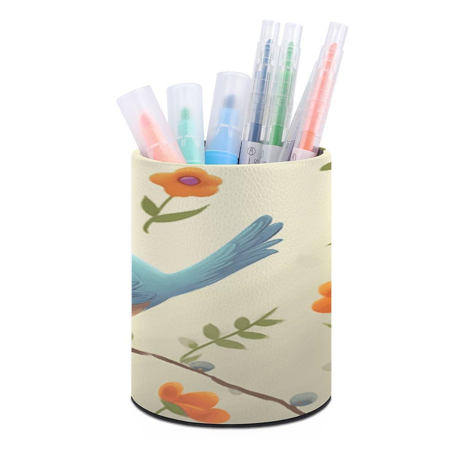 VstaDank Cute Bird Pen Holder PU Leather Pencil Cup Minimalist Desk Pencil Holder Round Make Up Brush Organizers For Office Dorm Room&Vanity Desk Accessories