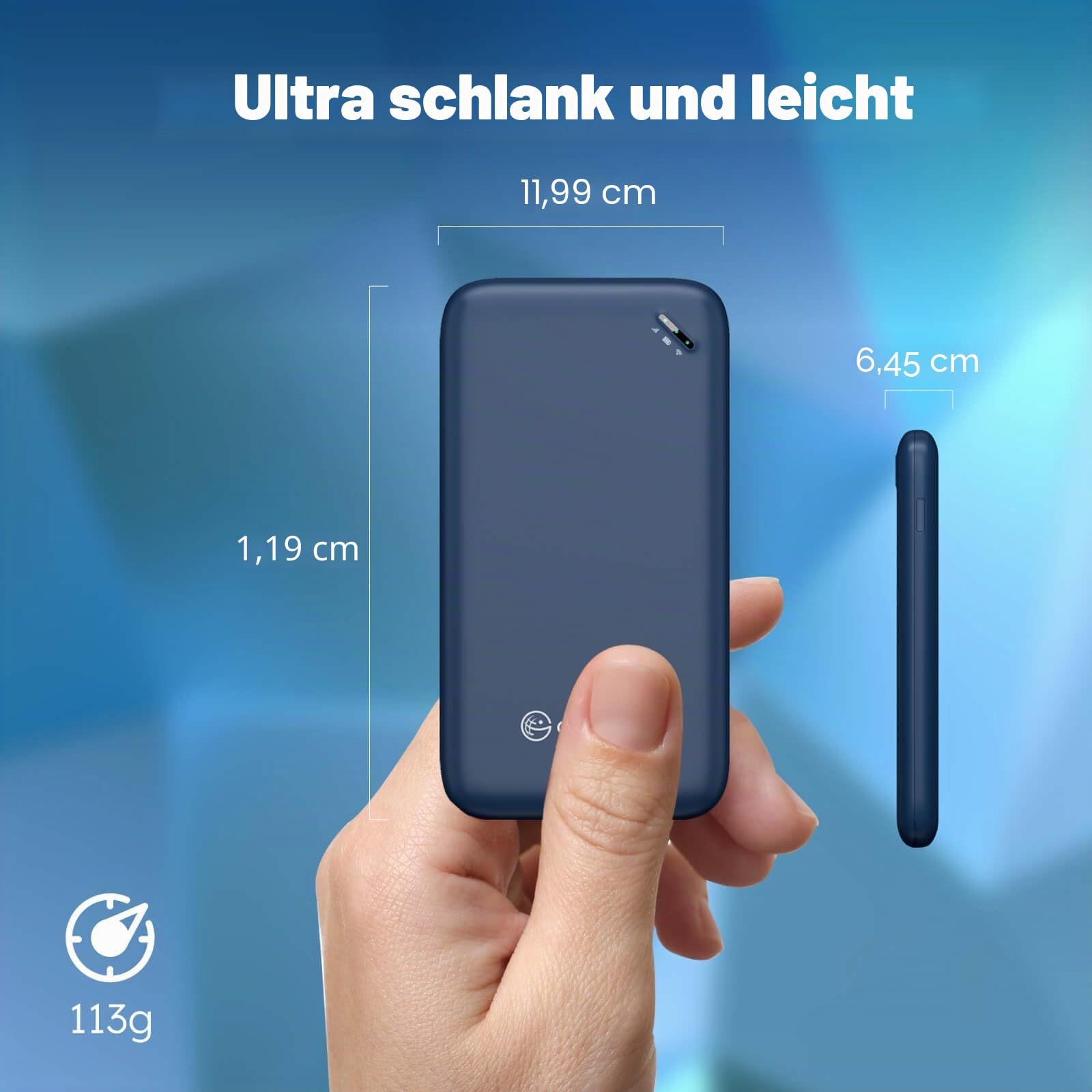 GlocalMe UPP 4G Mobiler WLAN Router, Keine SIM-Karte nötig, Keine Roaminggebühren, MiFi Geräte mit 1GB globalen Daten,Tragbarer WLAN-Router mit nur 113g (Blau)