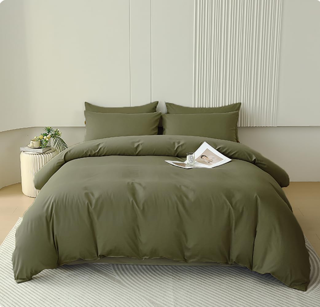 Houseri Army Green Comforter Set Queen Olive Green Bedding Sets Dark Green Comforter Queen Size Teen Boys Solid Green Comforter Queen Men Comfy Soft Dark Color Military Green Dorm Bedding Queen 3 Pcs Queen(90''*90''-Comforter) Olive Green