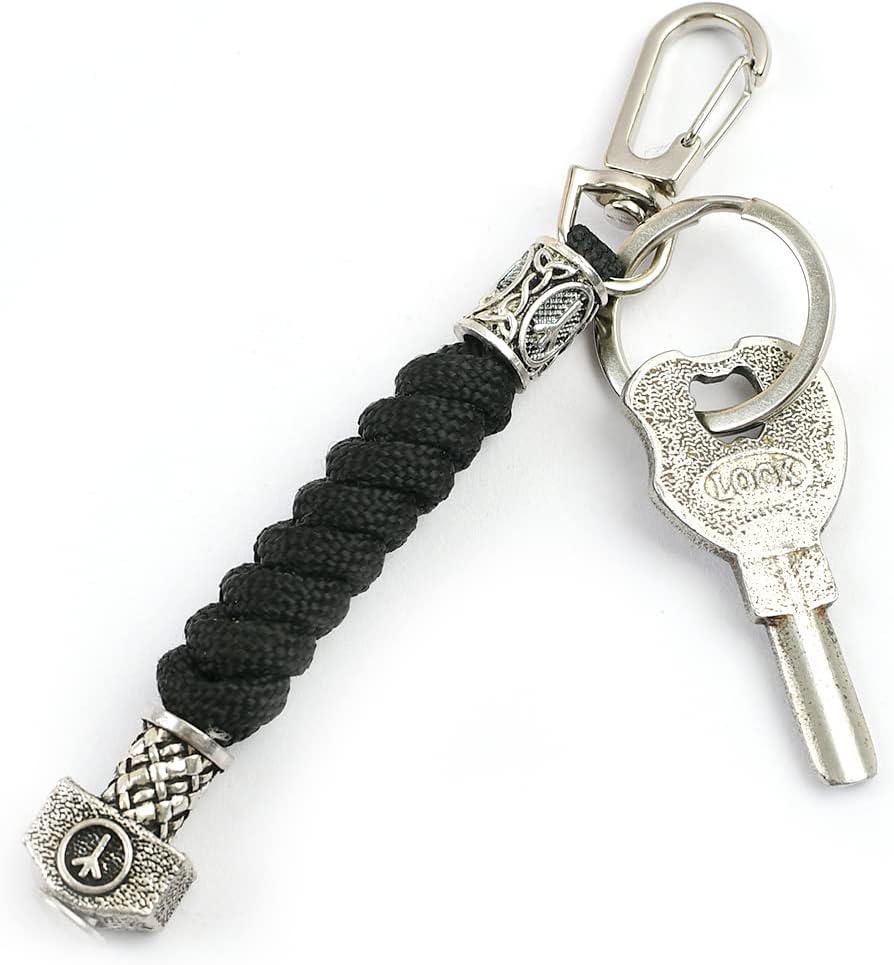 Viking Mens Paracord Lanyard Keychains-Handmade Keyring with Viking Rune Beads Norse Thor's Hammer Beads Braided 550 Paracord Keychain Black Viking Jewelry Gift for Men and Women (Custom Z)