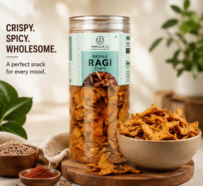 Image of WellNuts & Co. Healthy Snack Combo Pack of 4 |Masala Beetroot Chips - 150g, Masala Ragi Chips - 150g, Multigrain Puffs Punjabi Masala - 200g, Salted Beetroot Chips - 150g| Roasted & Ready to Eat Snacks | High Protein & High Fiber Combo | Snacks for Healthy Everyday