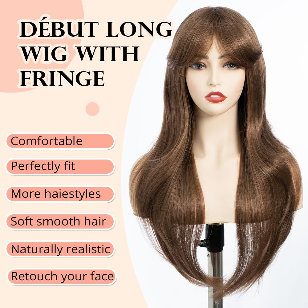 DÉBUT Long Brown Wig With Fringe for Women Heat Resistant Synthetic Layered Hair Wigs With Bangs for Daily Party Cosplay Use(26 inches - Image 2