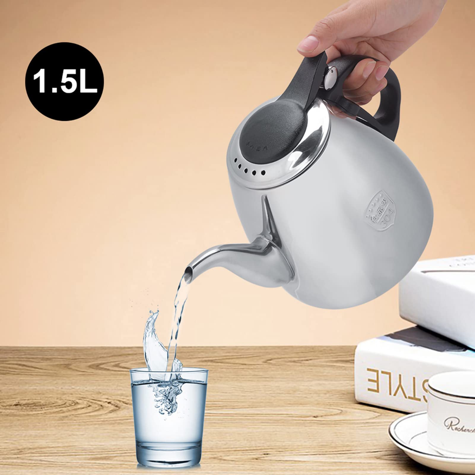 Teiera in Acciaio Inossidabile, Teiera con Piano Cottura, Teiera, Caffettiera, Bollitore con Manico Resistente Al Calore, Facile da Pulire per Piano Cottura a Induzione (1,5 litri)