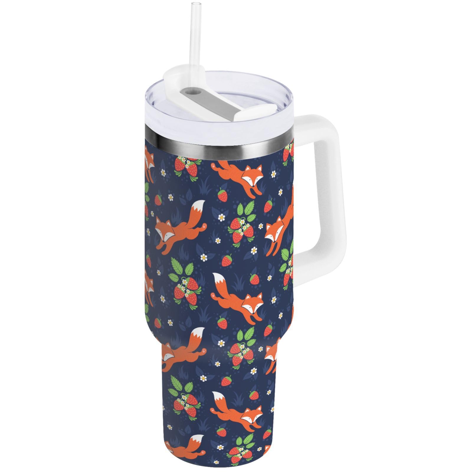 Mnsruu 40 oz Tumbler with Straw Lid Forest Animal Orange Fox Tumbler with Handle Insulated Stainless Steel Water Bottle Coffee Travel Mug 1.18L