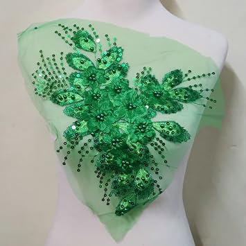Embroidery Three-Dimensional Hot Rhinestone Beading Lace Collar Sequin Cloth Sticker DIY Applique Clothing Patch Lace Accessories Green
