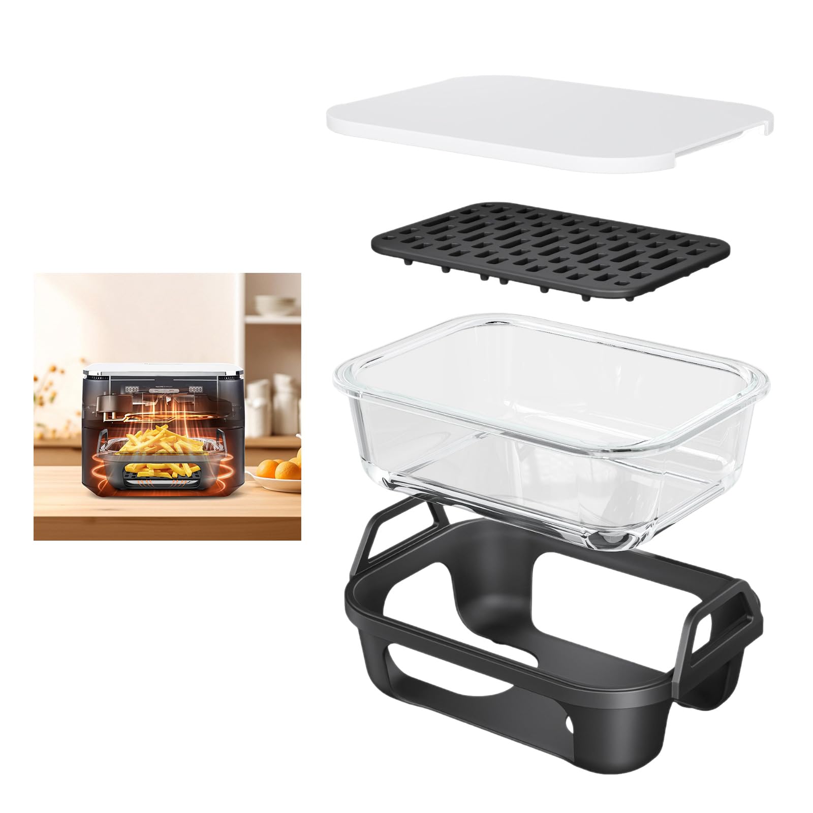 Ensemble de poêles en verre pour friteuse à air avec poignées de levage, plateau perforé et couvercle pour les tâches de cuisine quotidiennes organisées, ustensiles de cuisson, accessoire de friteuse,