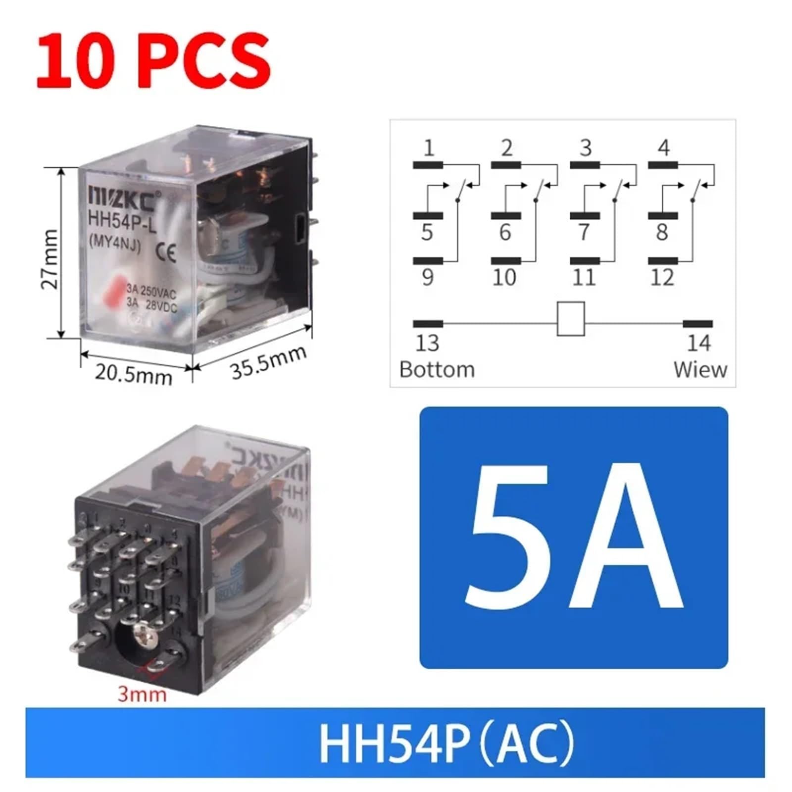 10 relés de control en miniatura CA 12 V/CC 24 V/CA 220 V, relé intermedio con base de zócalo, HH52P HH53P HH54P HH62P HH63P HH64P(220V,HH54P ACx10)