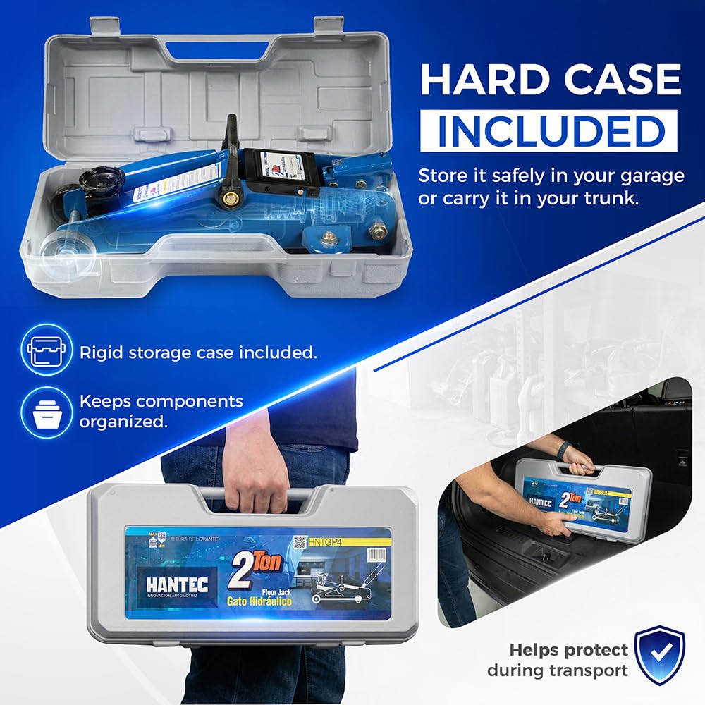 Hantec Hydrauliczny podnośnik podłogowy o pojemności 2 tony, podnośnik z zaworem bezpieczeństwa, kołami obrotowymi i twardą walizką, udźwig 2 kg, niebieski