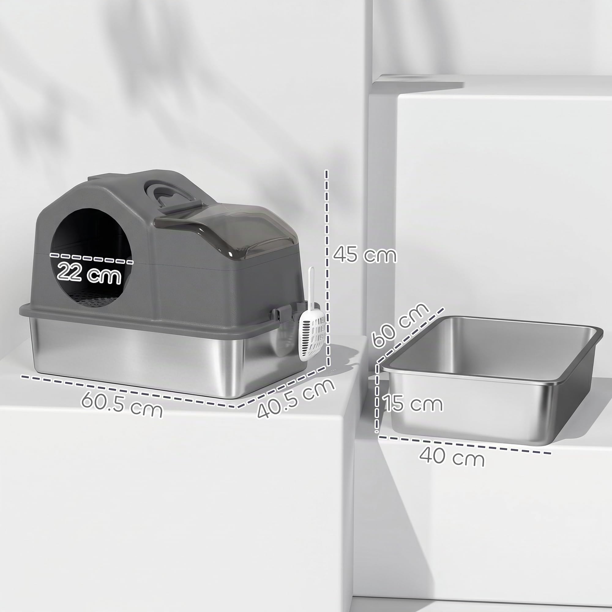 PawHut Lettiera Gatto Chiusa XL in Acciaio Inox 60.5x40.5x45cm Grigio Scuro | Con Coperchio, Toilette per Gatti 36L con Pareti Alte, Paletta, Tappetino Raccogli-sabbia