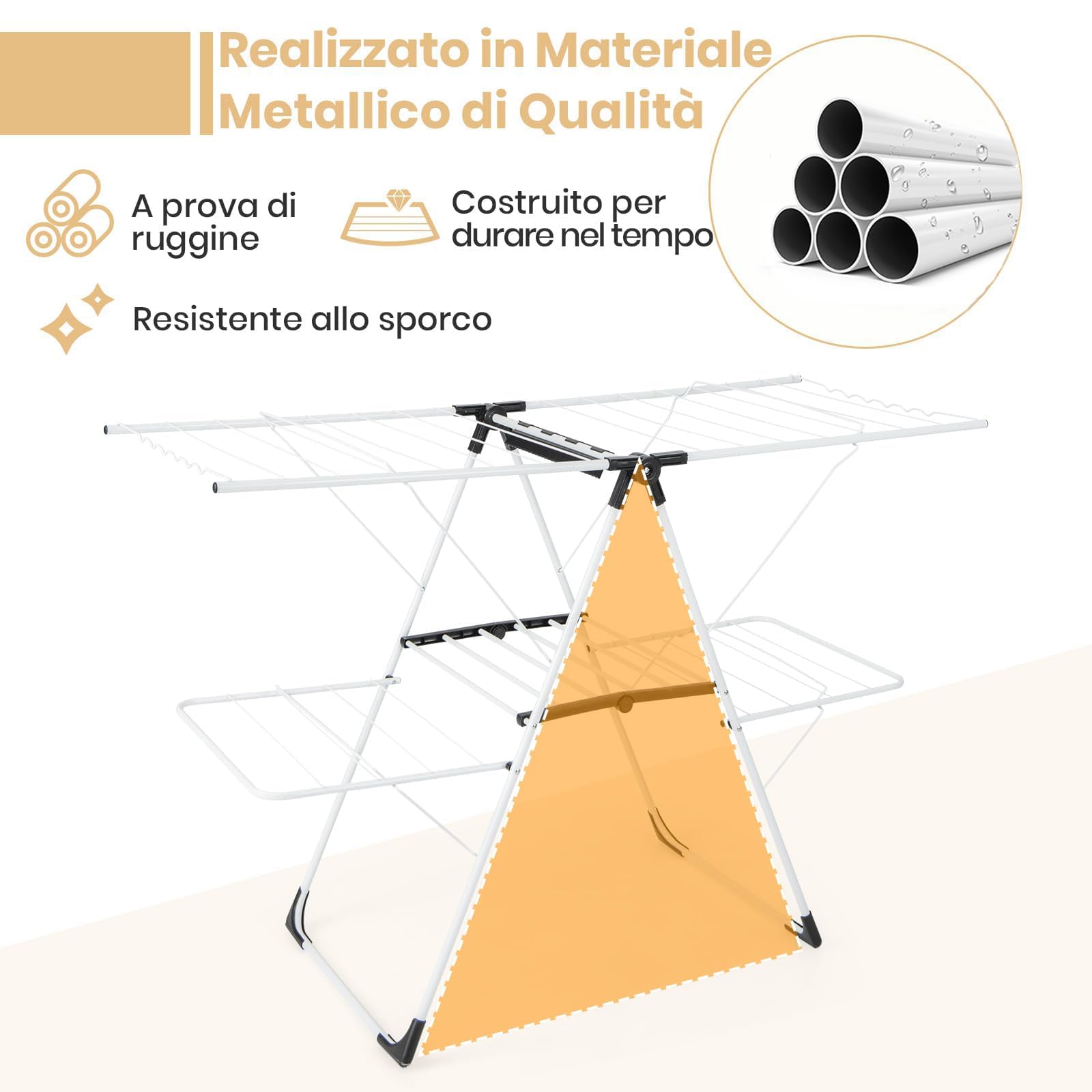 RELAX4LIFE Stendibiancheria Salvaspazio a 2 Livelli con Ali Pieghevoli in Metallico, Altezza Regolabile, Stabile, Stendino Portatile per Calzini Lenzuola Vestiti, Senza Assemblaggio, 145x58x95cm