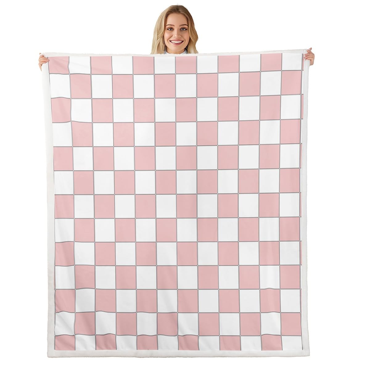 Erosebridal White Pink Plaid Throw Blanket 40"X50" Light Pink Checkerboard Fleece Bed Blanket for Kids Girls Teen,Checkered Grid Sherpa Blanket Modern Aesthetic Geometric Fuzzy Blanket