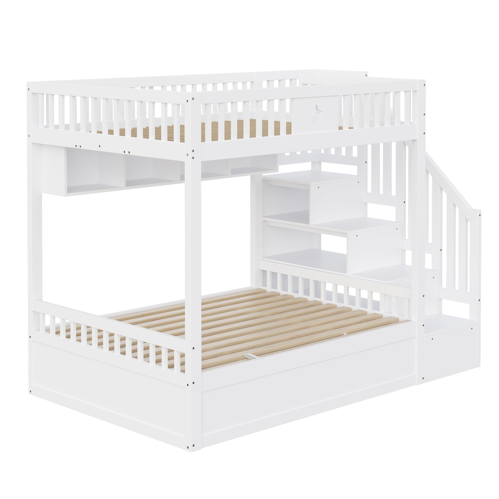 Merax Etagenbett 140x200 cm, Jugendbett mit hydraulischem Unterbett, Stauraumtreppe, Regale, Massivholz Kinderbett, Weiß (ohne Matratze)