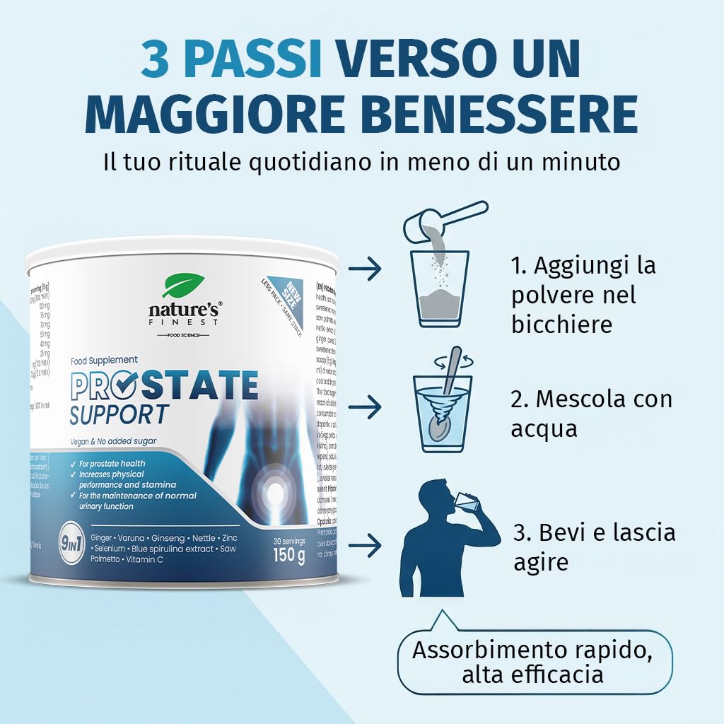 Nature's Finest PROstate Support, Integratore Prostata con Saw Palmetto (Serenoa Repens), Supporto Prostatico, Formula Naturale con Varuna, Ortica, Ginseng e Zinco, Alta Bio-Disponibilità, 150g
