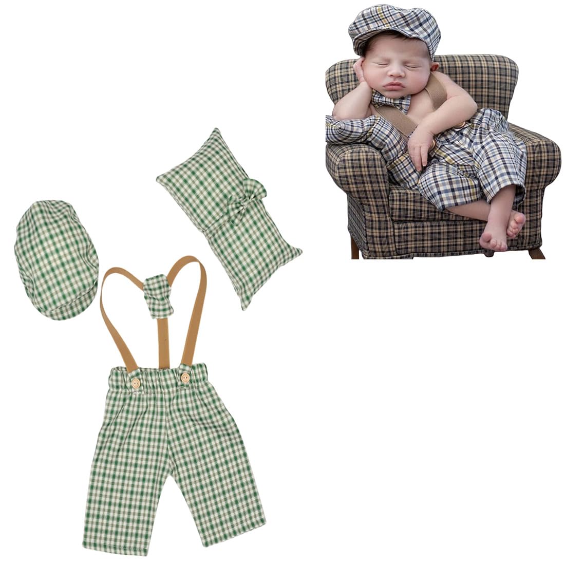 Vomdrok Newborn Photography Props Outfits Cute Overalls Hat Romper Bowtie Set Infant Baby Boy Girl Photoshoot Props Costume (Deep green)