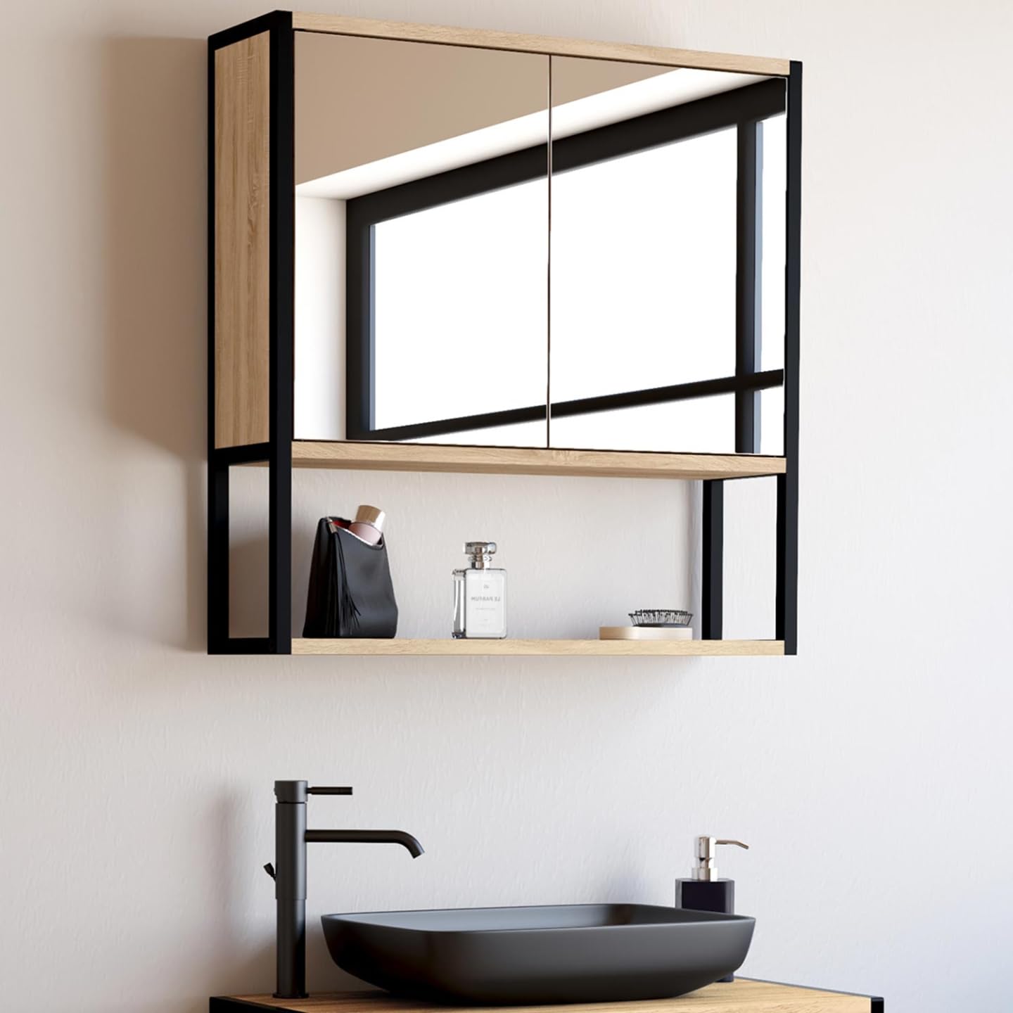 IDMarket - Meuble de Rangement Suspendu avec Miroir pour Salle de Bain Detroit Design Industriel