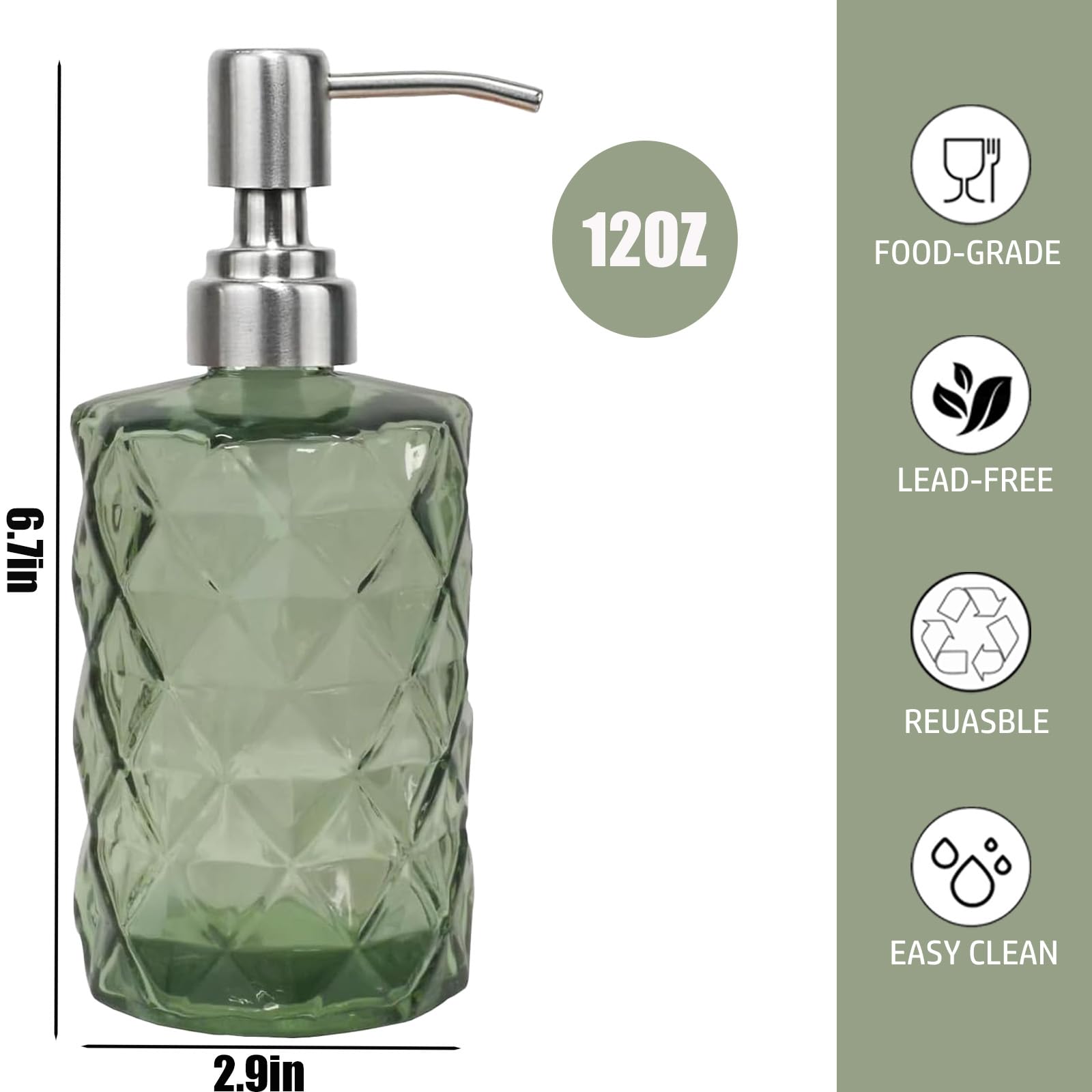 Dispensador de jabón de vidrio verde de 12 onzas con bomba de acero inoxidable, dispensador de jabón líquido de cocina recargable con diseño de diamante, para dispensar jabón de manos, jabón de platos