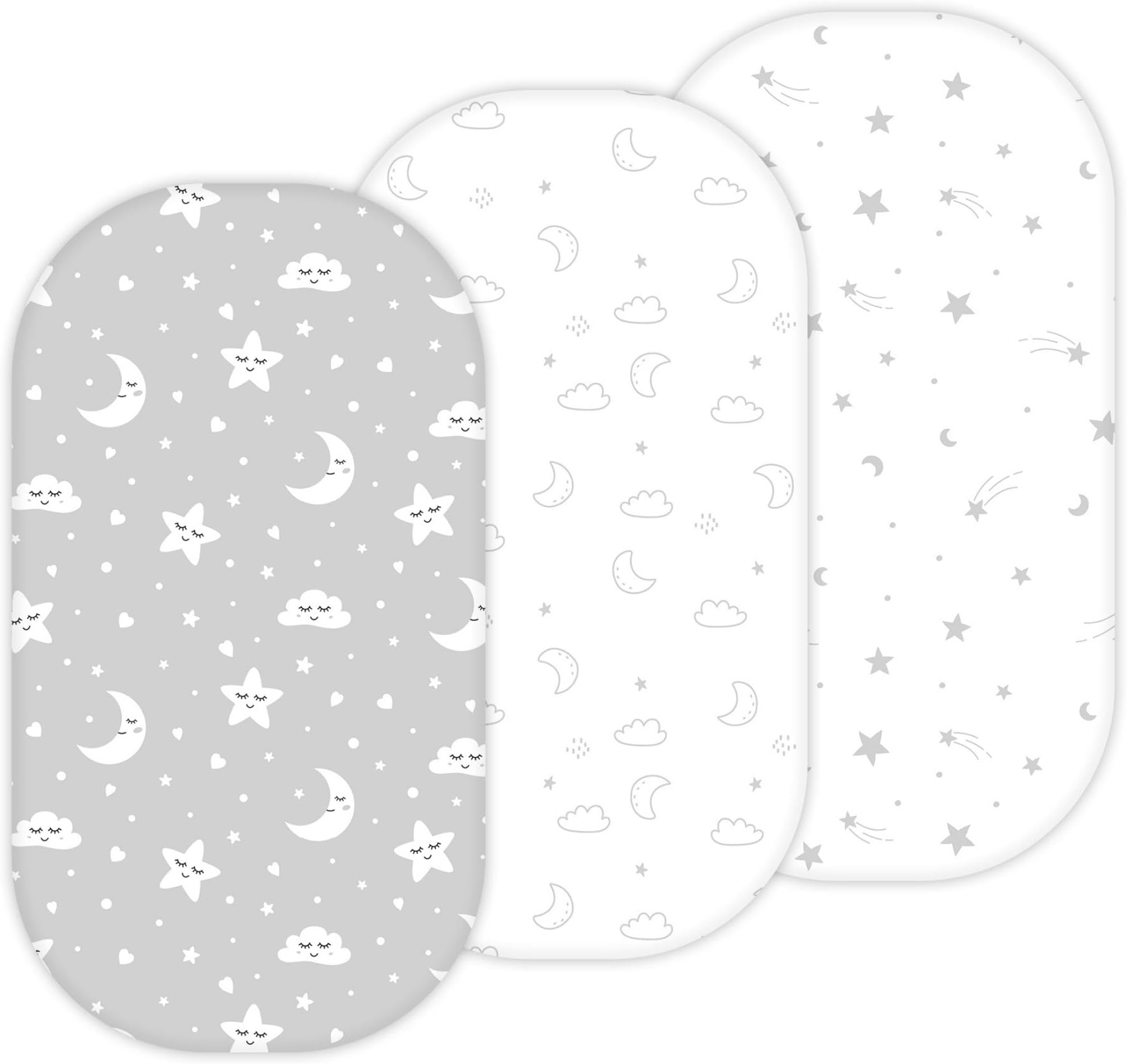 Bassinet Sheets for Munchkin Brica Pod, 4moms MamaRoo, Nordmiex, Beberoad Travel Bassinet, 3PC, 18 x 30 Inch, Ultra Soft, Breathable, Snug Fit, Unisex Boys and Girls (Moon, Stars, Clouds)