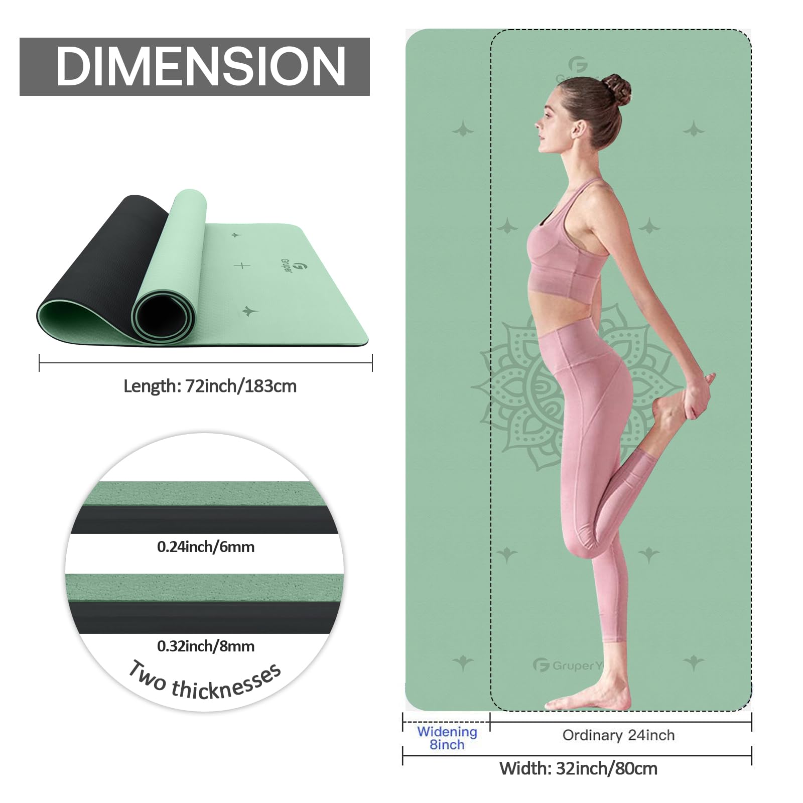Tapete de yoga antideslizante de TPE grueso con marca de alineación, tapete antidesgarros y fitness para yoga, pilates y entrenamientos en el suelo (verde)