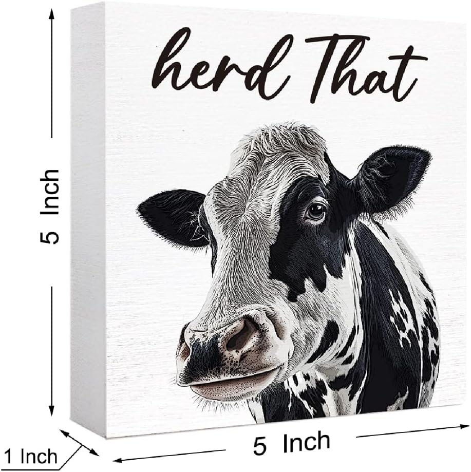 SJNH Funny Cow Wood Block Sign for Bathroom Shelf, Toilet, Restroom, Home Tabletop Desk Decor - Farmhouse Wooden Box Sign image 2