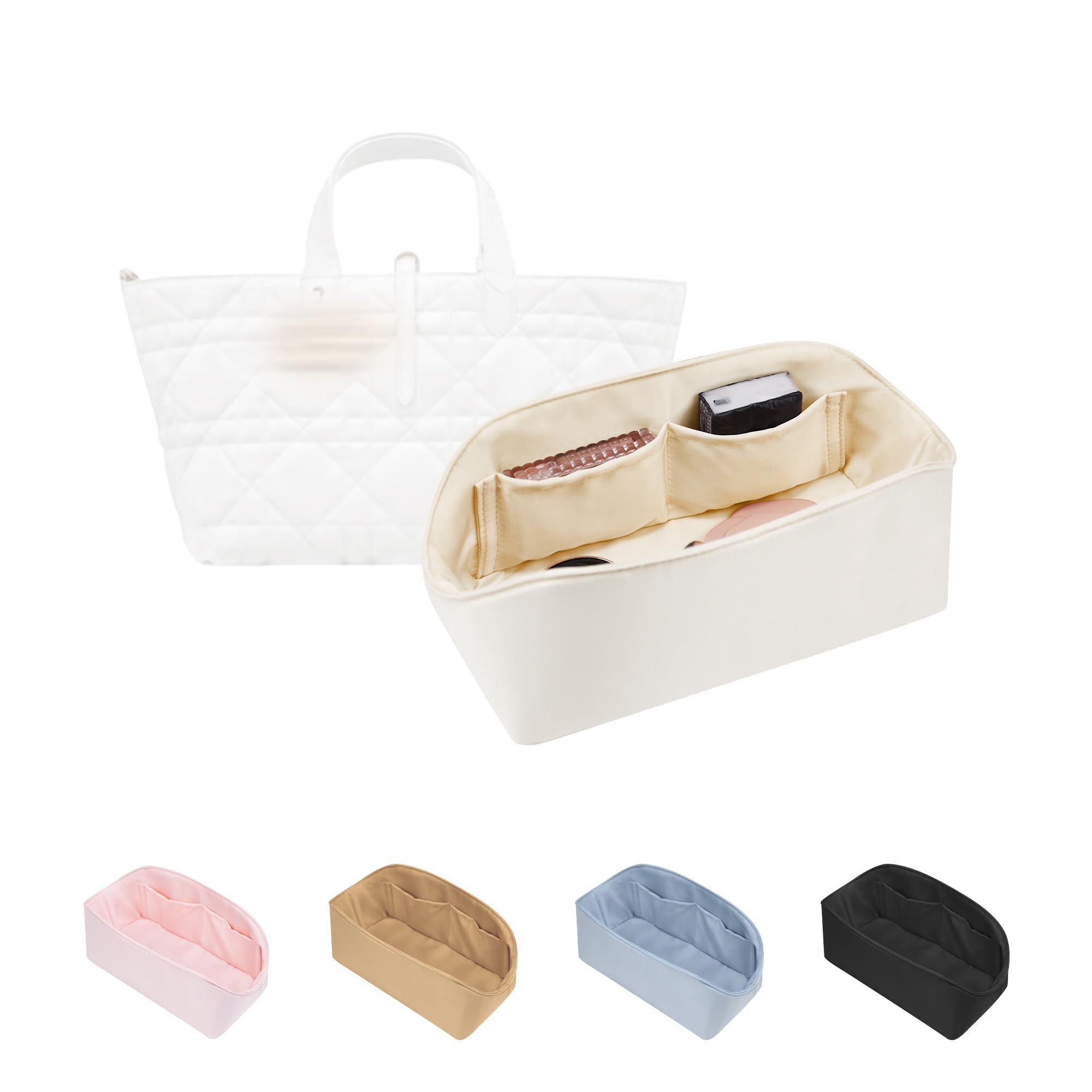 Purse Organizer Insert for Dior Toujours Medium Bags, Satin Luxury Bag Insert, Lightweight &amp; Portable Purse Shaper with Pockets, Ideal for Travel, Shopping, and Daily Use(Craie, Toujours M)