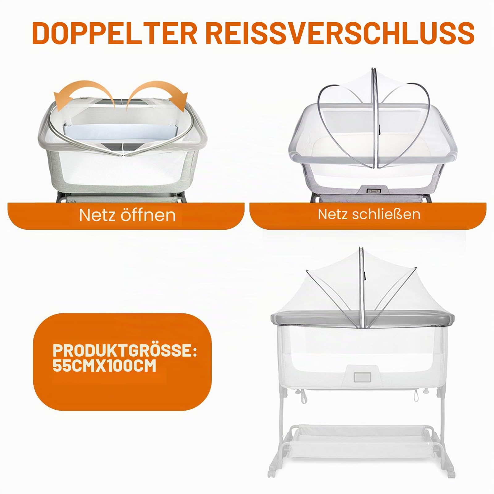 Universelles Moskitonetz für Reisebett, Gitterbettabdeckung mit Leisem Reißverschluss für Betten, Einfacher Zugang, Feinmaschiges Netz für Babys, 100×55×55CM (Weiß)