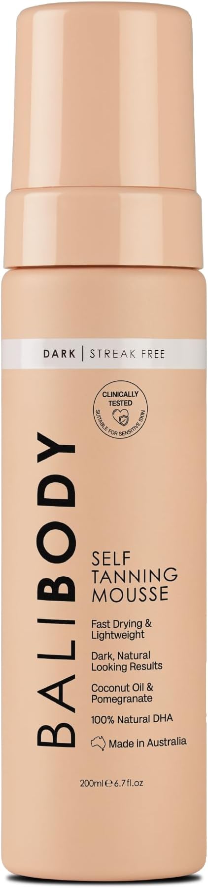 Bali Body Self-Tanning Mousse - Dark | Natural Bronzed Shade, Streak-Free Green Based Tinted Self-Tanner for All Skin Types | Vegan, Cruelty Free, Australian Made (200 ml/6.7 fl oz)