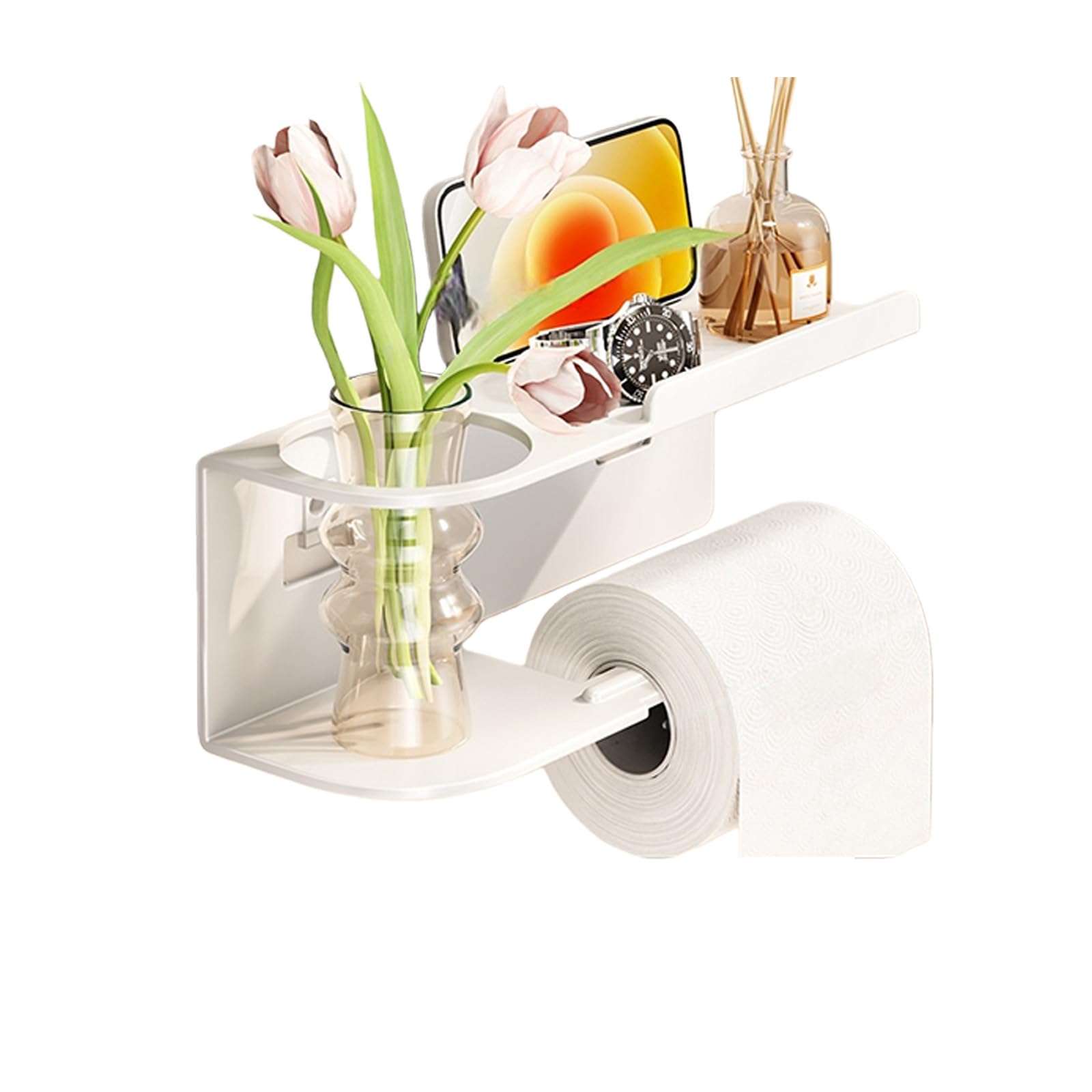 HUANGING Space Efficient Wall Mounted Bathroom Shelf for and Accessories Adhesive Installation Without Damage Required Large Tissue Rack