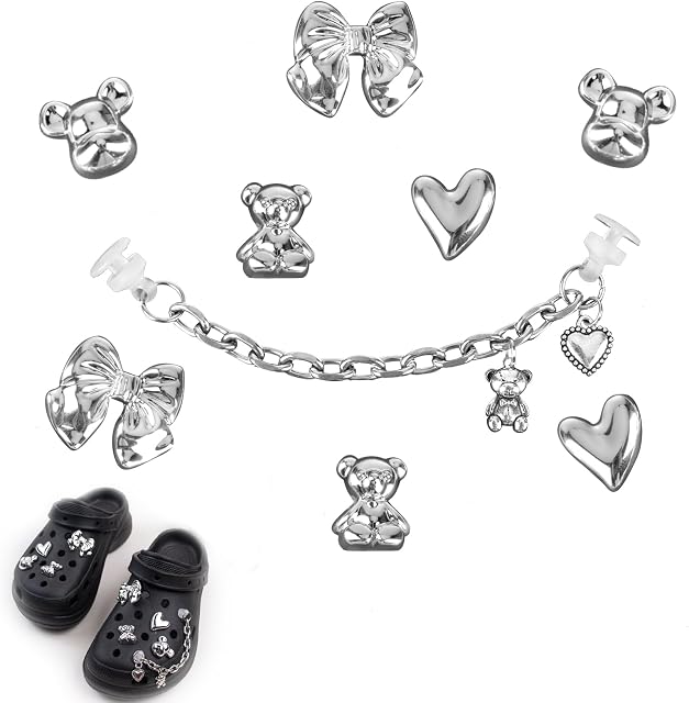 Shoe Charms for Clogs, 9pcs Silver Croc Pins Fashion Steampunk Croc Chain Metal Clog Sandals Decorations Shining Shoe Charms Accessories for Adult Women Teen Girls Birthday Christmas Party Gifts