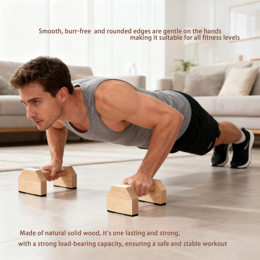 Lot de 2 parallettes en bois avec base antidérapante, équipement d'entraînement à domicile, barre de gymnastique – Blocs de support et poignées de pompes pour salle de sport à domicile, gymnastique et