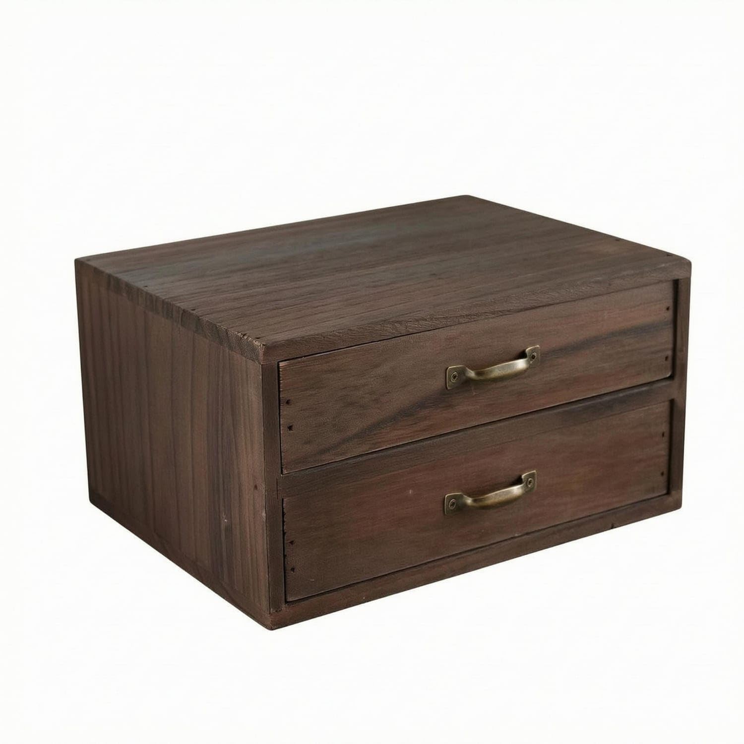 Dark Brown Wooden Desktop Organizer with Drawers Brass Handles Vintage Wooden Drawer Box Compact Tabletop Storage Box Rustic, Paulownia 2-layer-image-33