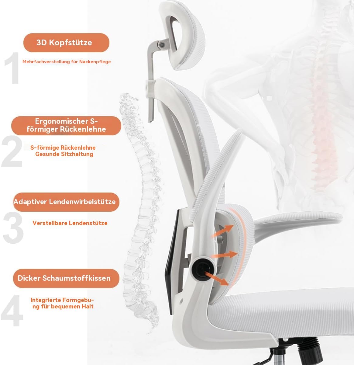Ergonomischer Bürostuhl - Weiß | Höhenverstellbarer Schreibtischstuhl mit Hochrücken,Mesh und Lendenstütze,Hochklappbaren Armlehnen | Für Homeoffice,Gaming,Studium