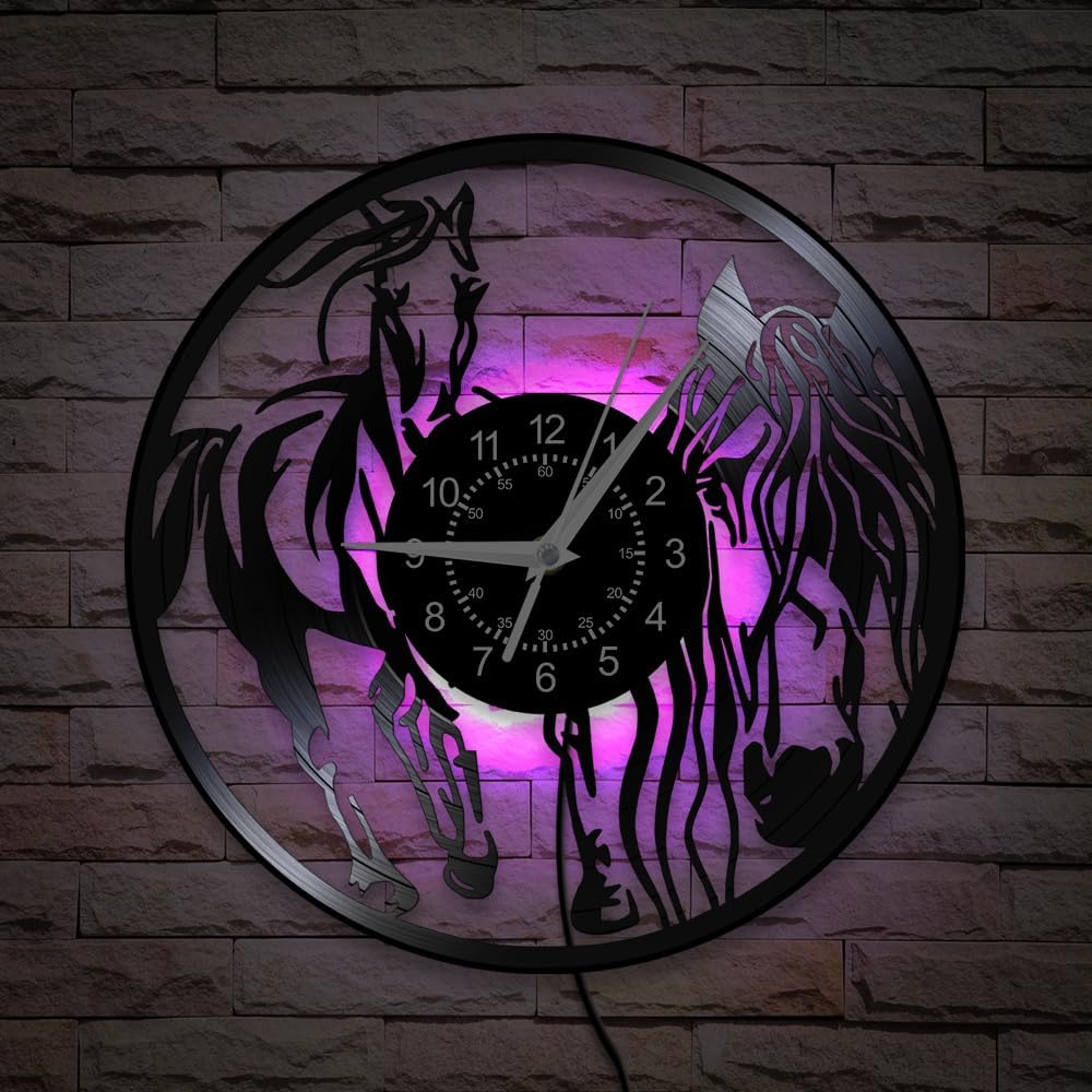 12 Inch Black Horse Wall Clock 7 Color Changing, Wildlife Animal Horse Vinyl Record Wall Clock Vintage Decorative LED Night Light Wall Watch Clock for Horse Lovers Man Cave Bedroom Farmhouse